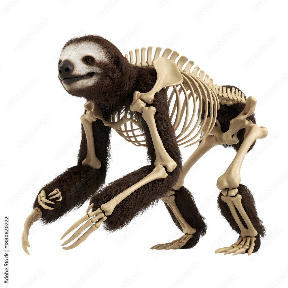 Fototapeta premium Sloth skeleton with brown fur on body and white face