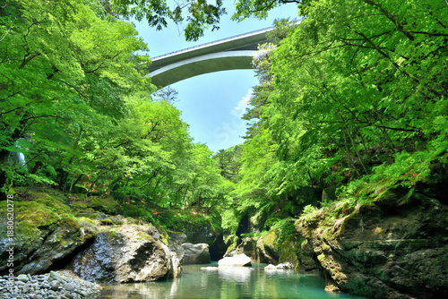 栃木県那須塩原市　塩原渓谷に架かる留春大橋と箒川