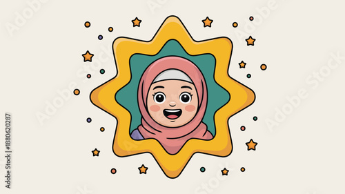 Cheerful cartoon girl in a pink hijab smiles happily inside a decorative golden star frame