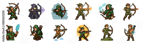 Set of twelve cartoon archer characters in green medieval costumes, featuring fantasy heroes with bows, quivers, and magical arrows in various dynamic action poses for a game