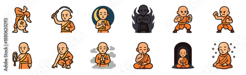 Collection of cute cartoon monk characters in various poses, including meditating, praying, and fighting with martial arts stances and a nunchaku weapon in a flat vector style