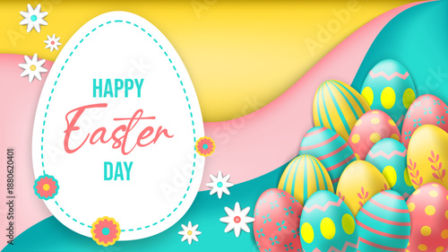 Happy Easter Day Vector Background with Colorful 3D Eggs, Flowers, and Paper Cut Style Layout