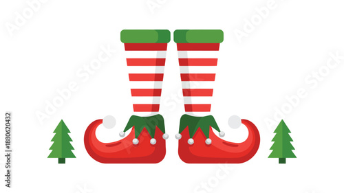 Cheerful holiday elf legs with red and white striped stockings and pointed shoes stand between small green Christmas trees