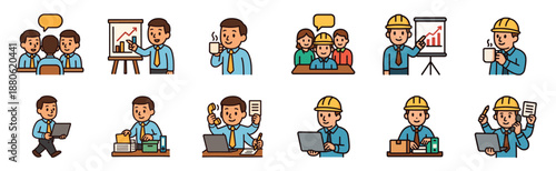Set of cute cartoon character icons showing office workers and engineers performing various business tasks like meetings, presentations, and multitasking at their desks