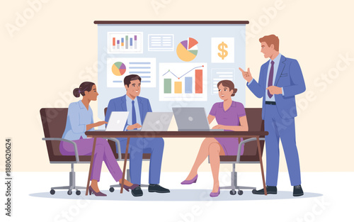 Colleagues engaged in a productive strategy session, reviewing market trends and performance metrics on a display