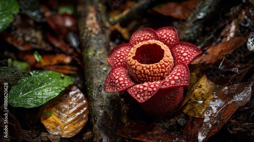 A close-up of a giant, patterned red flower blooms amidst a dark forest floor of leaves and roots