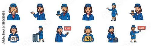 Collection of flight attendant character illustrations in a blue uniform showing various professional poses, including serving drinks, pointing to an exit sign, and carrying luggage