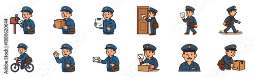 Collection of postman character illustrations shows a friendly mail carrier delivering letters and packages, riding a bicycle, and performing various job duties in a cartoon style