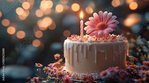 Minimalist birthday cake with one candle, pink flower and soft blurred lights background for greeting card and design
