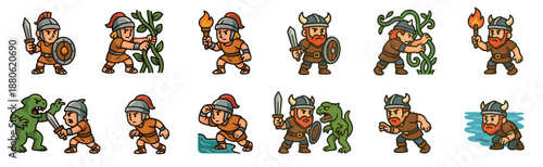 Cartoon warrior and soldier character sprites set for a 2D platformer or fantasy adventure game, featuring actions like fighting monsters, holding a torch, climbing, and exploring