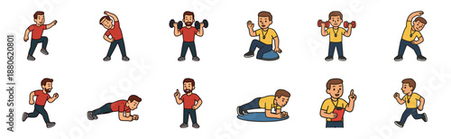 Set of male cartoon characters performing fitness exercises like running, stretching, lifting weights, and planking, including a personal trainer with a clipboard and whistle
