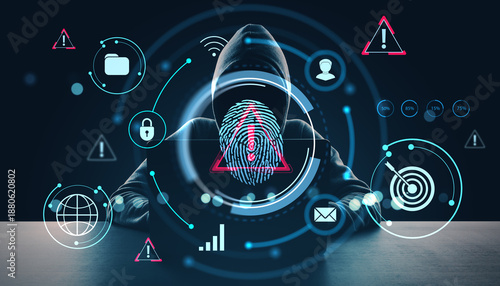 Quadro em tela Cybercrime and identity theft concept with hooded figure surrounded by digital security icons and biometric fingerprint scan overlay on dark background