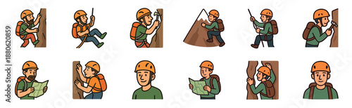 Diverse set of cartoon rock climber illustrations shows a male character in various poses, including scaling a cliff, rappelling, using a hammer, and reading a map for adventure