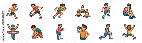 Collection of cartoon character illustrations showing a young man running, stretching, drinking water, and finishing a race as part of a fitness or marathon training routine