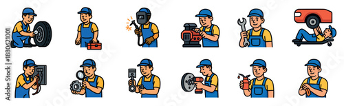 Car mechanic character icon set showing a worker in blue overalls performing various auto repair tasks like welding, engine maintenance, and tire service in a simple cartoon style
