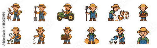 Set of cute cartoon farmer character icons performing various agricultural tasks like planting, harvesting, driving a tractor, and feeding animals in a simple flat illustration style