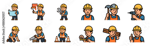 Friendly construction worker character icon set for building, repair, and maintenance tasks, showing the mascot using a hammer, saw, drill, and wrench