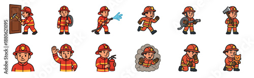 Set of cute cartoon firefighter characters in various poses and actions, including running, holding a hose, using an extinguisher, and rescuing a small cat from a dangerous situation