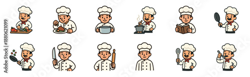 Collection of cartoon chef character illustrations showing various cooking activities like chopping, frying, boiling, serving, and reading a recipe book in a cute doodle style