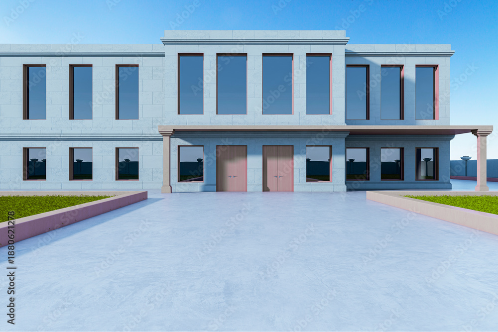 Obraz premium Modern two-story building with large windows, flat roof, and symmetrical facade in pastel tones on a clear day in urban courtyard. 3D Rendering