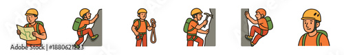 Set of cartoon rock climber character illustrations showing a man in a helmet and backpack reading a map, scaling a wall, and holding climbing equipment in a simple doodle style
