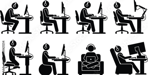 Remote work posture icons, computer workstation ergonomics, office sitting positions, home office workflow, healthy working habits, black silhouette illustration set