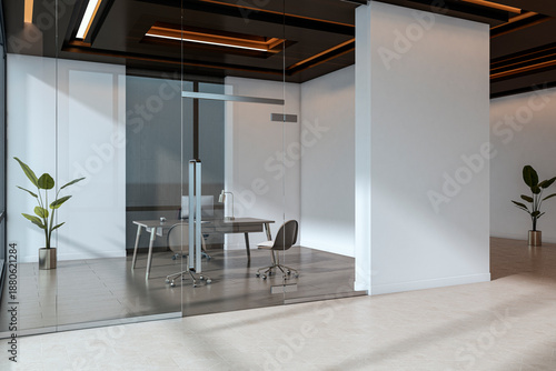 Modern office room mockup with glass walls, minimal furniture, white walls, and indoor plants in a realistic elegant architectural scene. 3D Rendering