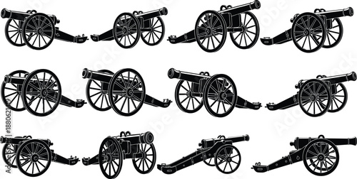Vintage cannon artillery silhouette set with historic military field guns, black and white illustration showcasing classic warfare equipment from different angles and perspectives
