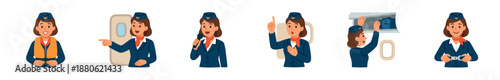 Flight attendant character set demonstrating airline safety procedures like using a life vest, seatbelt, and storing luggage, presented as a friendly cartoon vector illustration