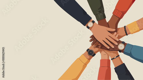Diverse group of people hands stack together showing unity and teamwork wearing different wristwatches