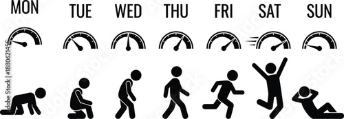 Weekly energy chart, Monday fatigue, weekend excitement, silhouette humor, daily activity, vector illustration, crawling figure, jumping pose, running motion, relaxed Sunday, energy gauge