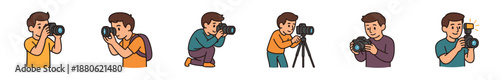 Set of six cartoon photographer characters in various poses, taking pictures, using a tripod, and holding a camera with a flash, showing a professional hobby or occupation