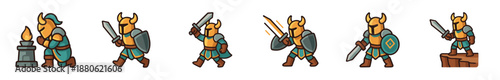 Cartoon knight character sprite sheet set showing various animation frames for a 2D video game, including walking, attacking, defending, and idle poses for a fantasy warrior
