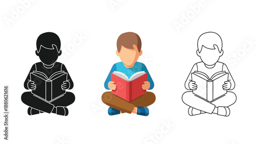 Collection of vector icons showing a young student sitting cross legged while reading a book