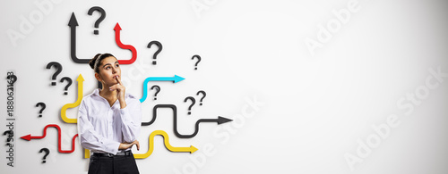 Bild auf Leinwand Thoughtful woman standing in front of colorful arrows and question marks symbolizing decision making and uncertainty on white background