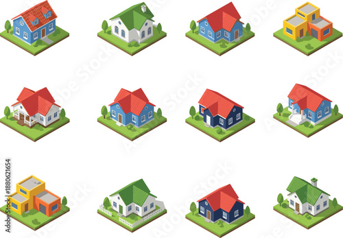 Isometric, colorful, house, collection, residential, homes, suburban, neighborhood, architecture, property, real, estate, housing, design, vector, illustration, modern, exterior, buildings, set