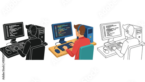 Set of three illustrations depicting a programmer working diligently on coding projects at a desktop computer setup