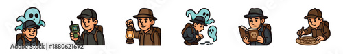 Set of six cartoon paranormal investigator characters on a ghost hunting adventure with a friendly spirit, lantern, detector, and occult symbols