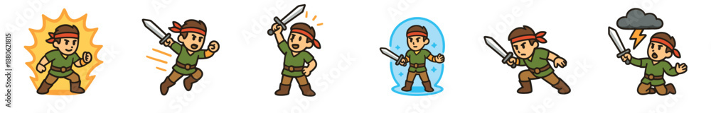 Fototapeta premium Set of six cartoon adventurer characters in various action poses for a fantasy role-playing game, including attacking, defending with a shield, and using magic