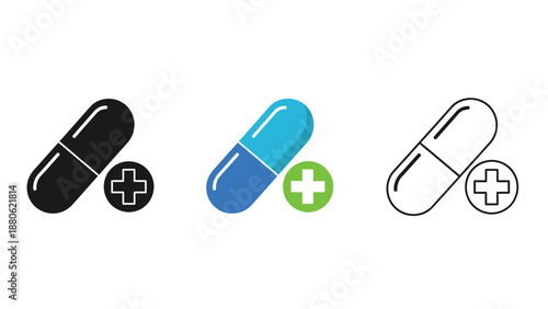 Set of three capsule icons featuring solid color outline and flat design variations with plus symbol