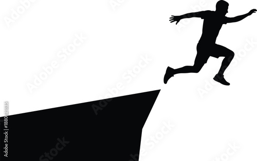 Jumping silhouette illustration, leap of faith concept, cliff edge motion, black and white contrast, risk challenge art, motivational design
