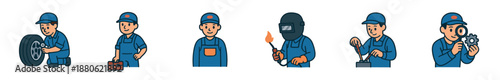 Set of mechanic character illustrations showing various industrial tasks like changing a tire, welding, soldering, and inspecting a gear in a friendly cartoon style