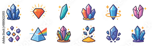 Colorful set of cartoon crystal and gemstone icons featuring various shapes like clusters, shards, a light-refracting prism, and a shining diamond for a magical fantasy theme