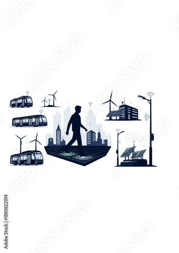 Smart City Kinetic Energy Silhouette, Person Walking on Power Generating Pavement, Sustainable Urban Technology and Transit Vector