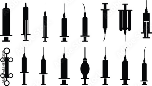 Medical syringe icons collection, injection needle silhouettes, vaccination tools set, healthcare medical equipment, hospital immunization devices, flat black vector illustration