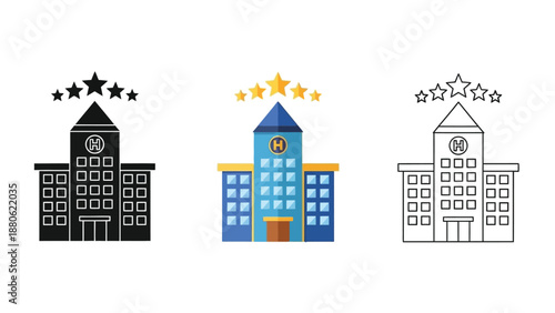 Collection of three five star hotel building icons representing quality hospitality service and lodging