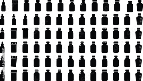 Medicine bottle icons set, pharmaceutical container silhouettes, pill jar collection, medical packaging shapes, healthcare drug storage, flat black vector illustration