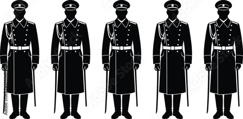 Military officer silhouettes, sword holding, formal uniform, peaked cap, long coat, symmetrical lineup, visual puzzle, spot difference, discipline, authority