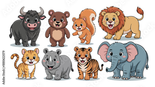 Eight adorable cartoon jungle animals including a friendly lion, tiger, elephant, and rhino characters