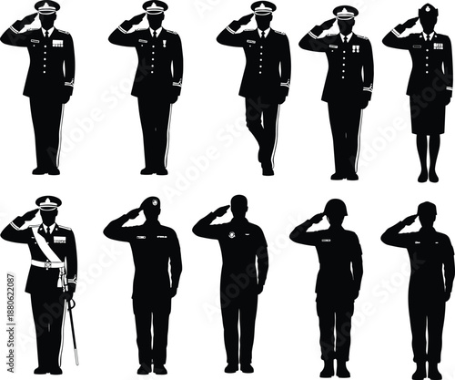 Military salute silhouette, soldier formation, uniformed personnel, ceremonial gesture, armed forces, discipline, respect, posture, defense, military tradition